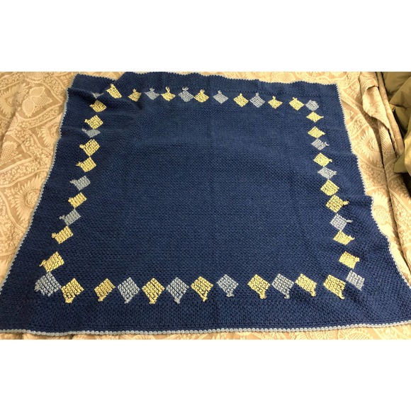 Handmade Blue Crochet Throw Blanket Afghan W/Diamond Shapes Around Edge 46X44 - Picture 1 of 5